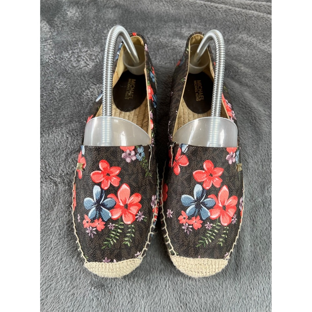 Michael Kors Kendrick Espadrilles 7.5 Brown Floral Coated Canvas Slip On Shoes